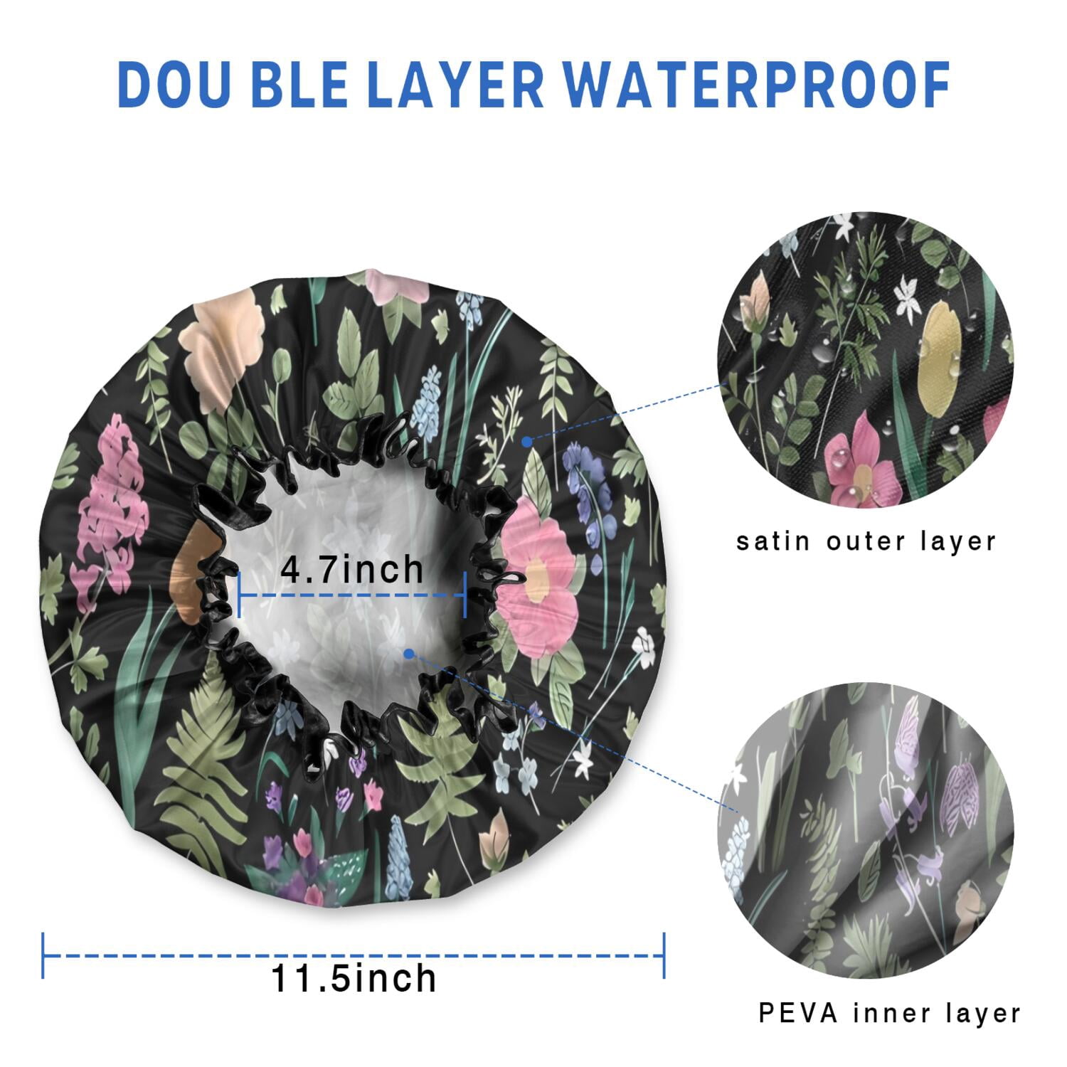 Shower Caps,Pioneer Flower Floral Print Pattern Waterproof Shower Cap for Women 4 Pieces,Double Reusable Hair Cover for Shower PEVA Elastic Stretch Hem