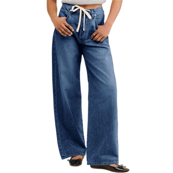 Womens High Waisted Mom Denim Pants with Pockets Baggy Boyfriend Drawstring Wide Leg Jeans