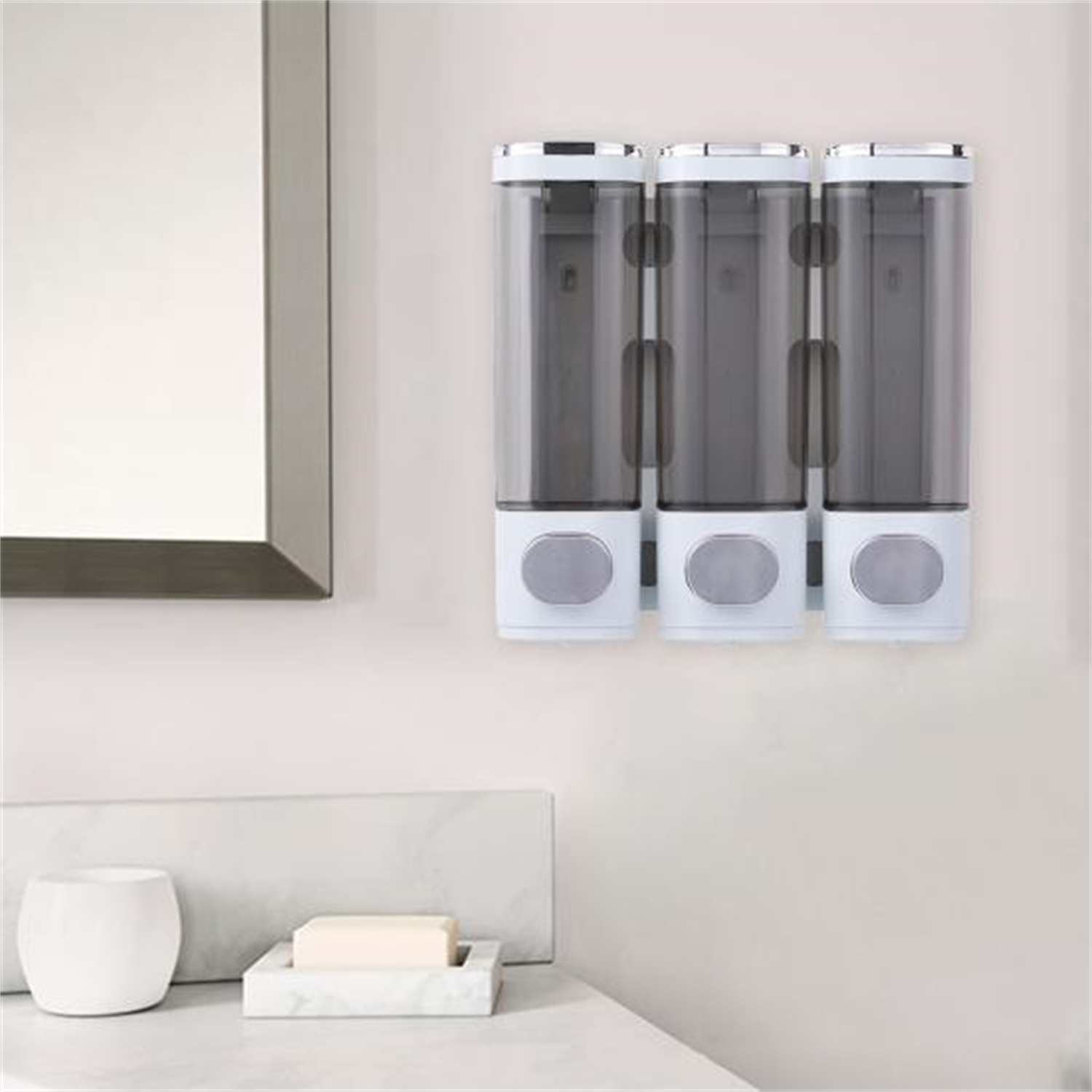 Dingrich Shower Soap Dispenser, Wall Mounted No Drill Shampoo Dispenser 3x400ml Bottle with Labels, Shampoo and Conditioner Dispenser for Shower Room, Bathroom, Hotel - White