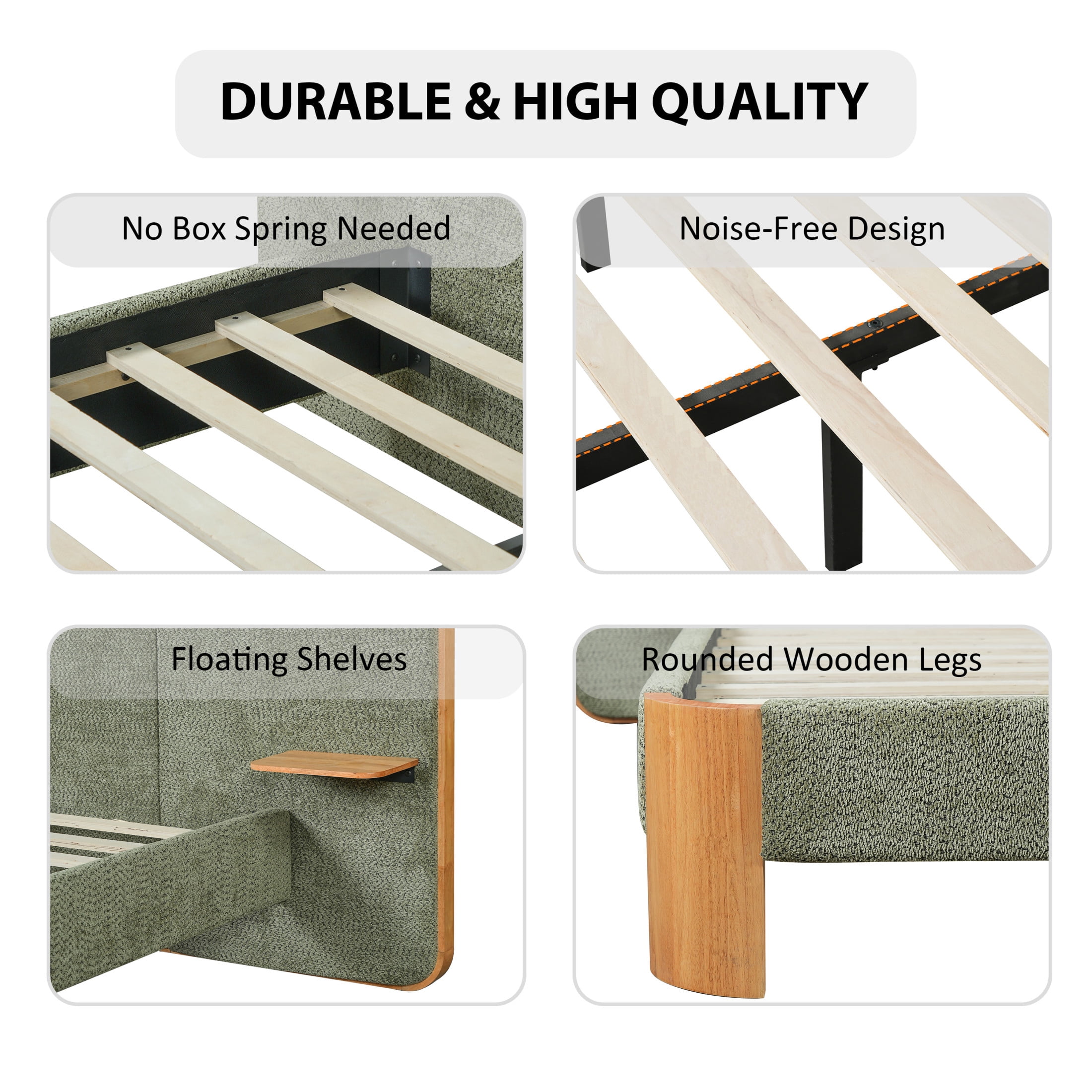 Christopher Knight Home King Upholstered Platform Bed Frame with Floating Shelves, Green and Natural