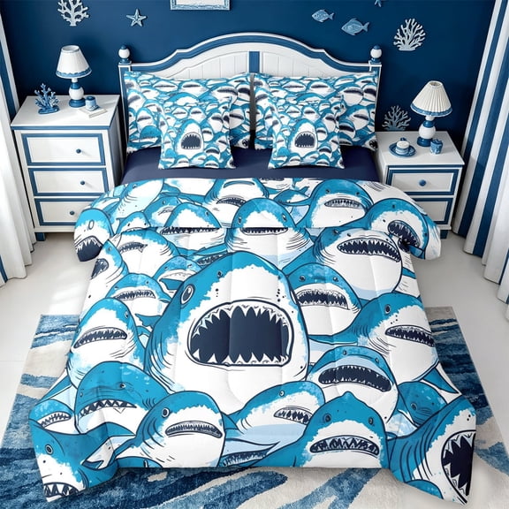 meiyoeat Cute Shark 7 Pieces Full Size Bedding Sets,Kawaii Ocean Animal Full Size Bed in a Bag For Boys Kids,Navy Blue Reversible