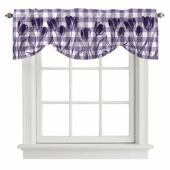 Tie Up Valances for Windows, Purple Flower Adjustable Valance Curtains Window Treatment for Living Room/Bedroom, Tulip Floral Country Plaid Checkered Rod Pocket Kitchen Curtains & Drapes 60x18 Inch