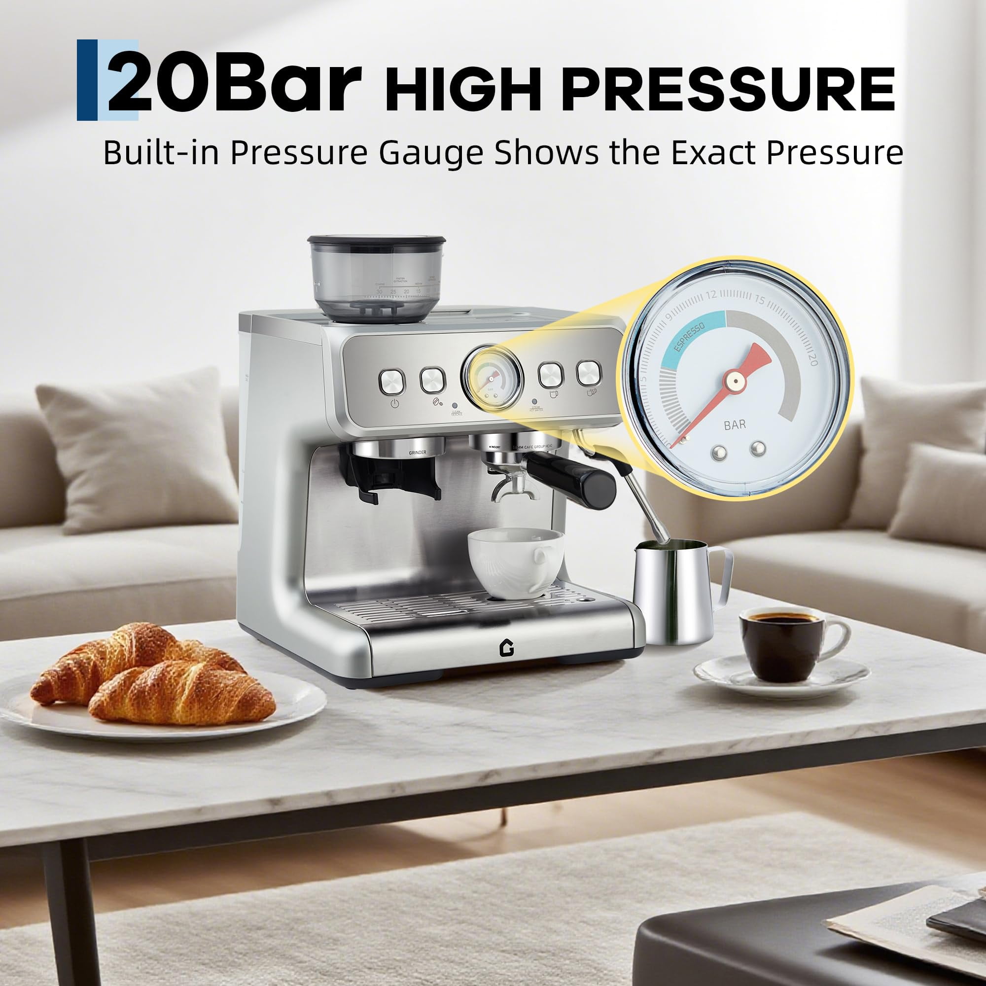 20 Bar Pressure Stainless Steel Espresso Machine with Grinder, Milk Frother Steam Wand for Latte/Cappuccino - Adjustable Shot Volume, Professional Home/Office Use