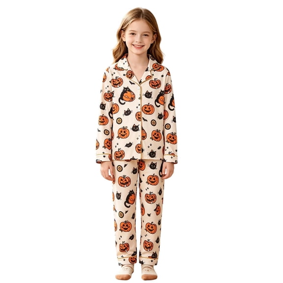 Ruiwill Halloween Girls Pajamas Pumpkin Print Girls Pajamas Fall Winter Soft Long Sleeve Lapel Neck Shirts With Pants 2 Pieces Pajamas Set Size 9-10 Years
