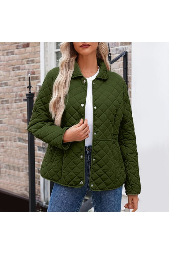 Women Plus Size Winter Jackets Fashion Quilted Jackets Long Sleeve Button Down Padded Coat Casual Short Texture Lapel Jackets No Hood Outwear L