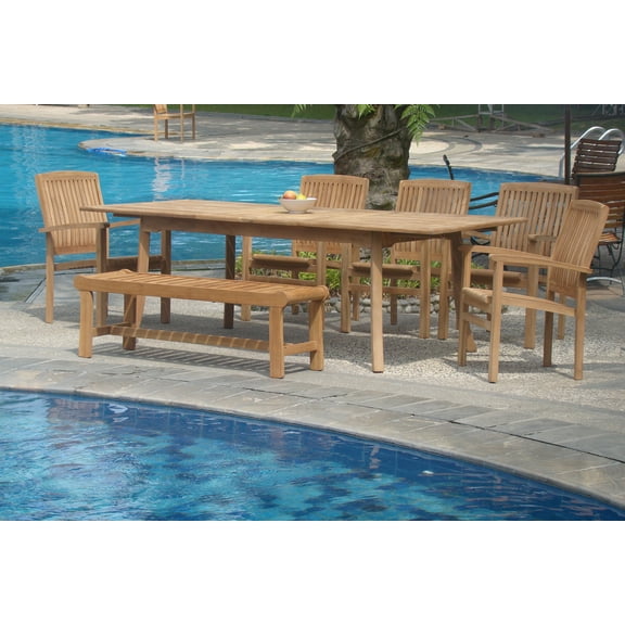 Teak Dining Set:6 Seater 7 Pc - 94" Double Extension Rectangle Table, 5 Wave Stacking Arm Chairs with 55" Backless Bench Outdoor Patio Grade-A Teak Wood WholesaleTeak #WMDSWV8