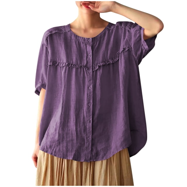 Camisetas de Algodón para Mujeres de Ajuste Suelto, Cuello en V Algodón Y Lino, Casual Suelto Camisa de Manga Corta