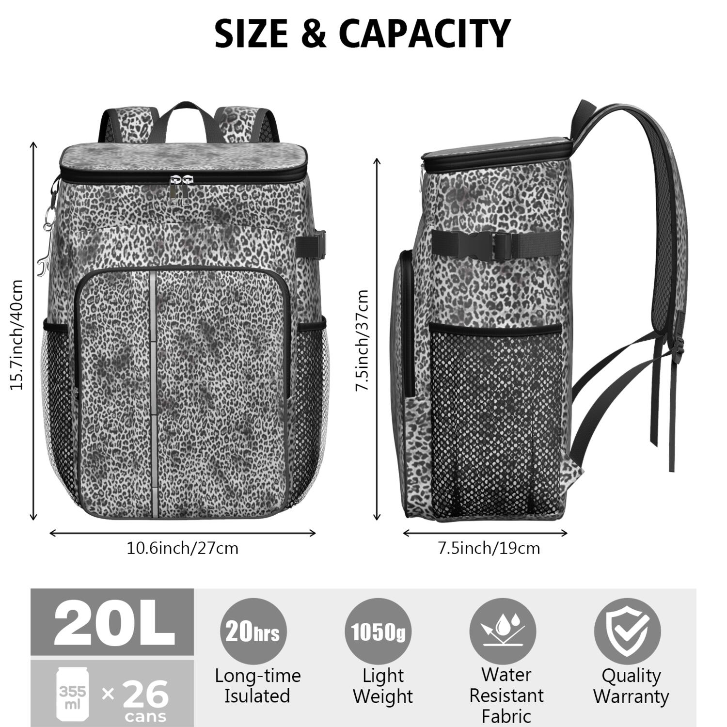 Travel Cooler Bag - Black and Tan Leopard Print Camping Beer Cooler Backpack with Bottle Opener- Waterproof Insulated Picnic Backpacks - Cooler Bag for Beach