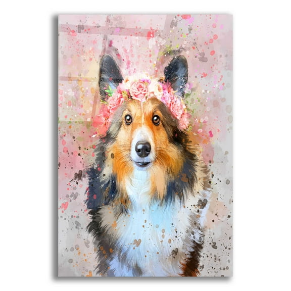Epic Art 'Flower Crown Shetland Sheepdog 2' by Furbaby Affiliates, Acrylic Glass Wall Art, 12"x16"