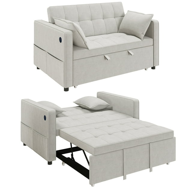 HOMCOM Sofa Bed, Pull Out Sleeper Sofa w/ USB Charging, Adjustable Backrest