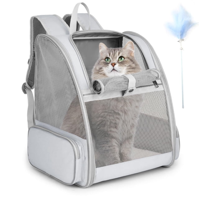 Mochila transportadora para gato SSAWcasa grande para mascota de hasta 7 kg con juguete gris