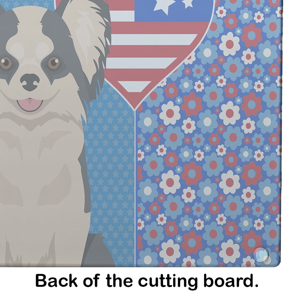 Longhaired Black and White #2 Chihuahua Glass Cutting Board Large 12 in x 15 in