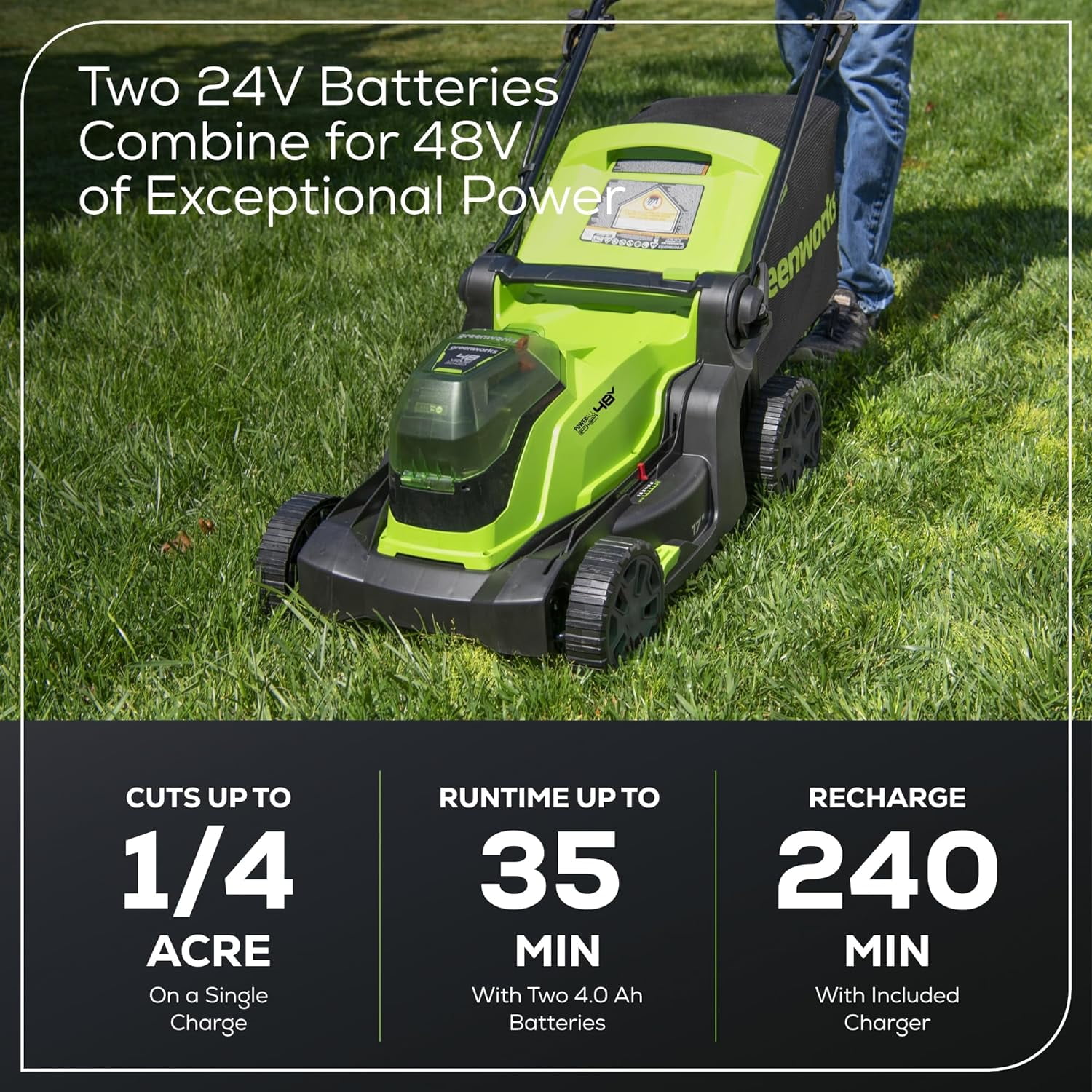 Greenworks 48V (24V x 2) 17" Brushless Cordless Push Lawn Mower, Includes (2) 4.0Ah Batteries and Dual Port Rapid Charger (200+ Compatible Tools, 45-Min Runtime)