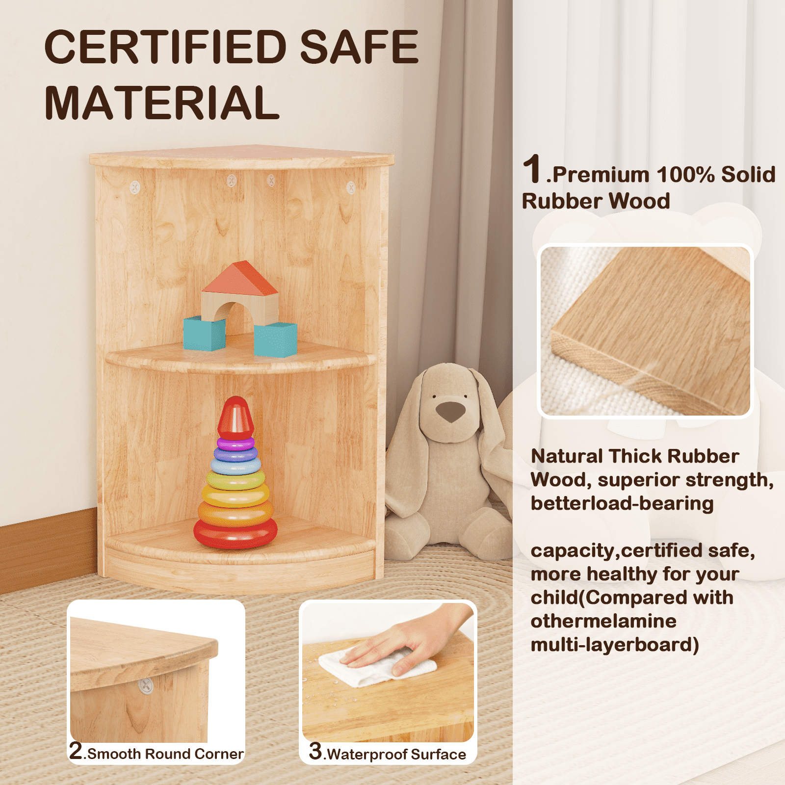 Sweet Time Corner Cabinet 2-Tier Toy Organizers and Storage, Rubber Wood Triangular Montessori Shelf for Kids Room, Playroom, Nursery, Classroom, Kindergarten
