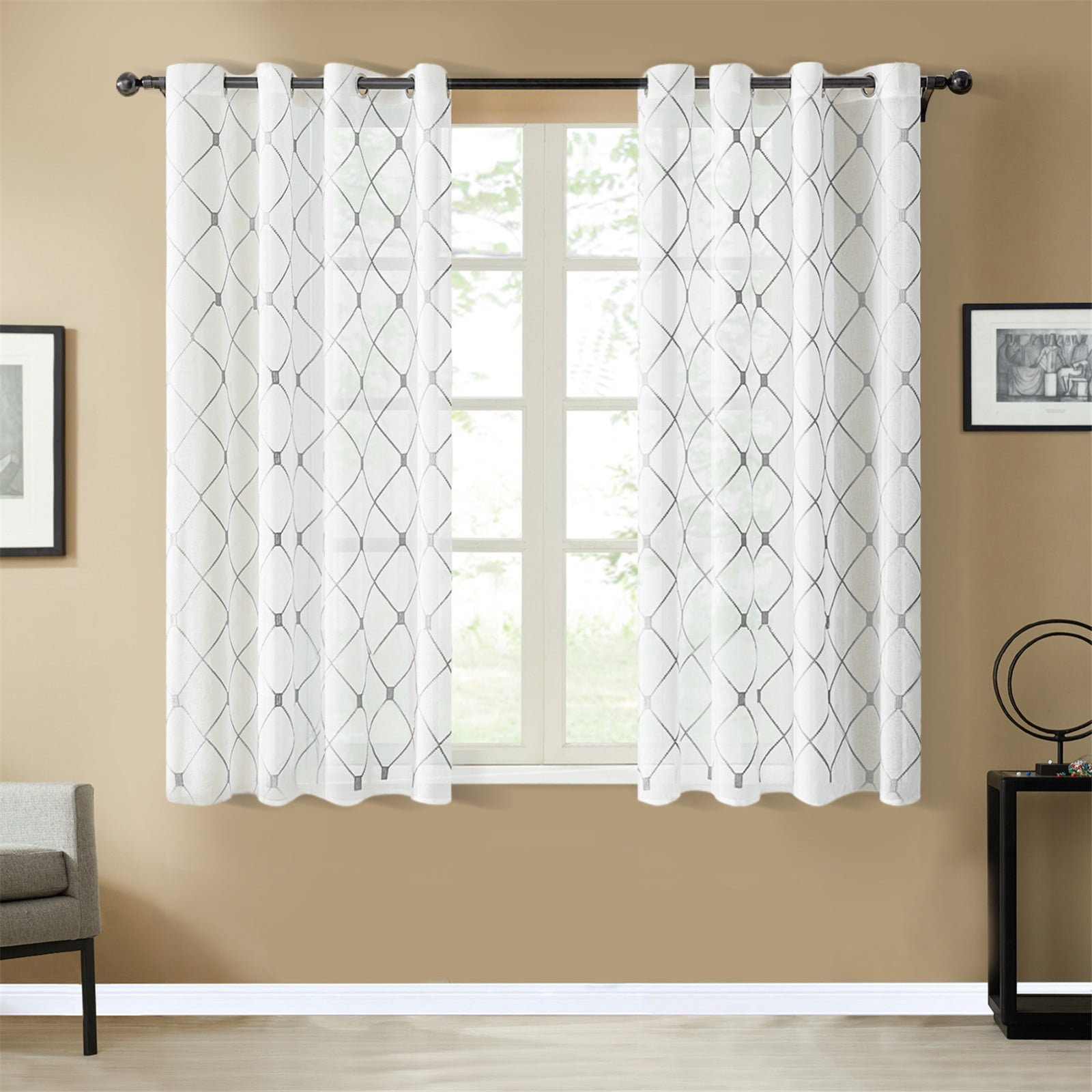 Top Finel White Sheer Curtains 54 inches Length Black Embroidered