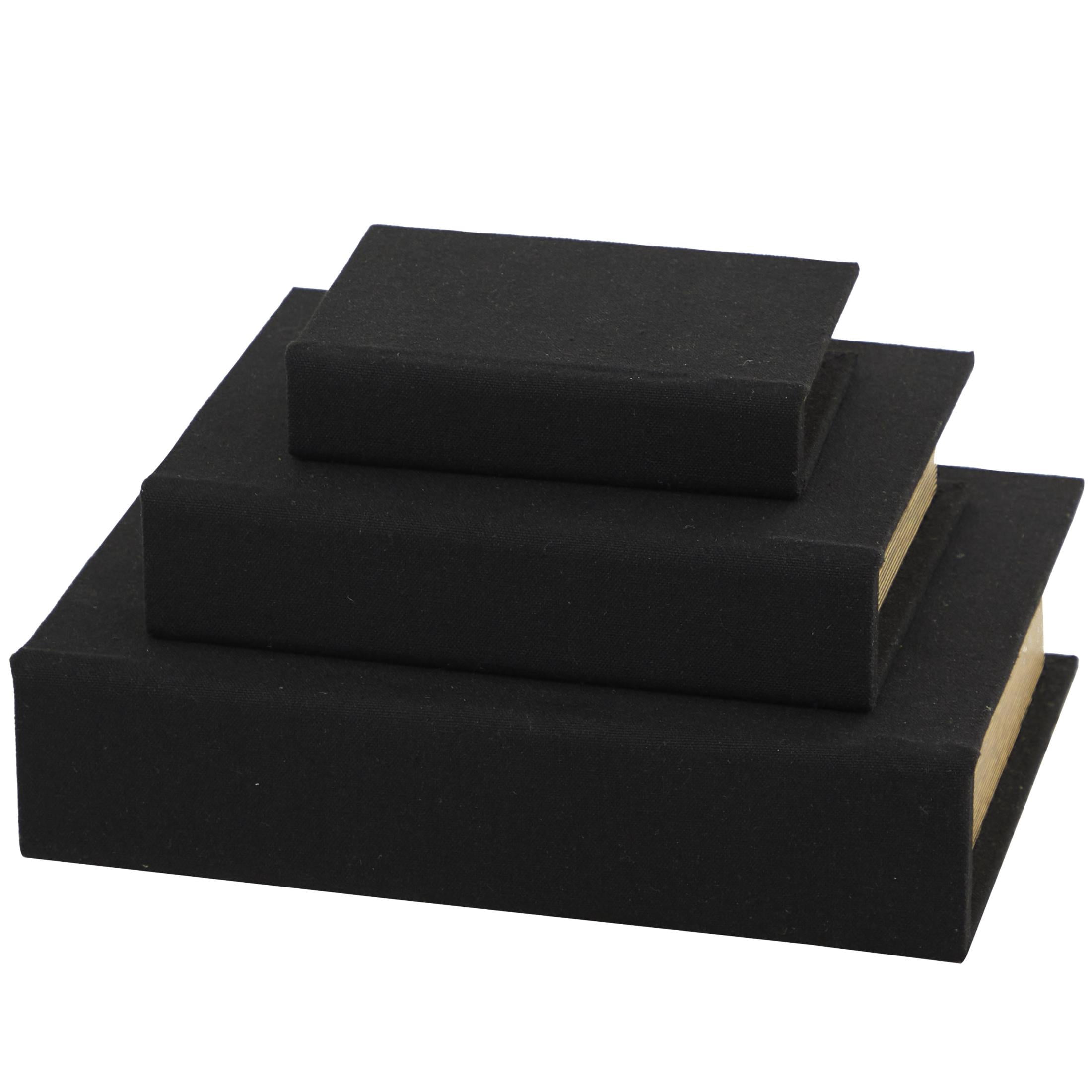 DecMode Textured Faux Book Storage Black Linen Fabric Decorative Box with Gold Page Detailing, 3 Count