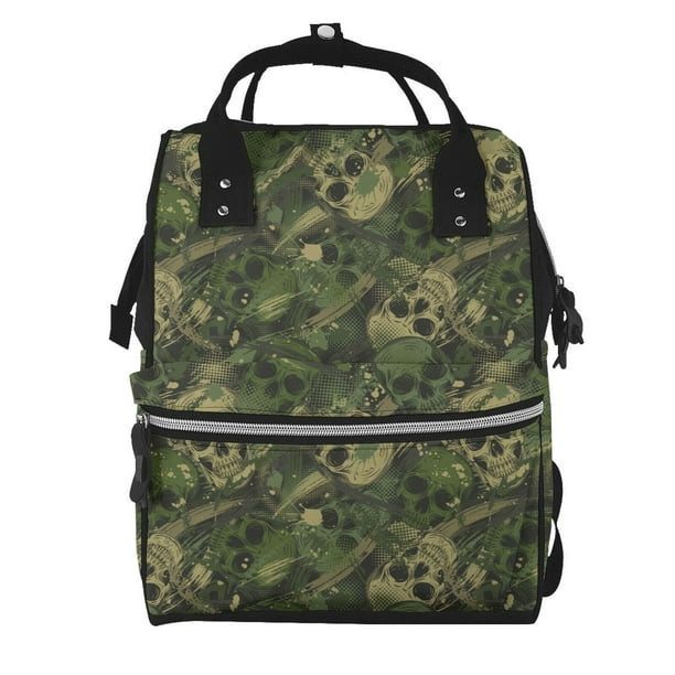 Disketp Green Camouflage Skull Mochila de Pañales de Gran Capacidad con Múltiples Bolsillos, Mochila de Viaje Multifuncional para Bebé, Unisex, Moderna y Resistente