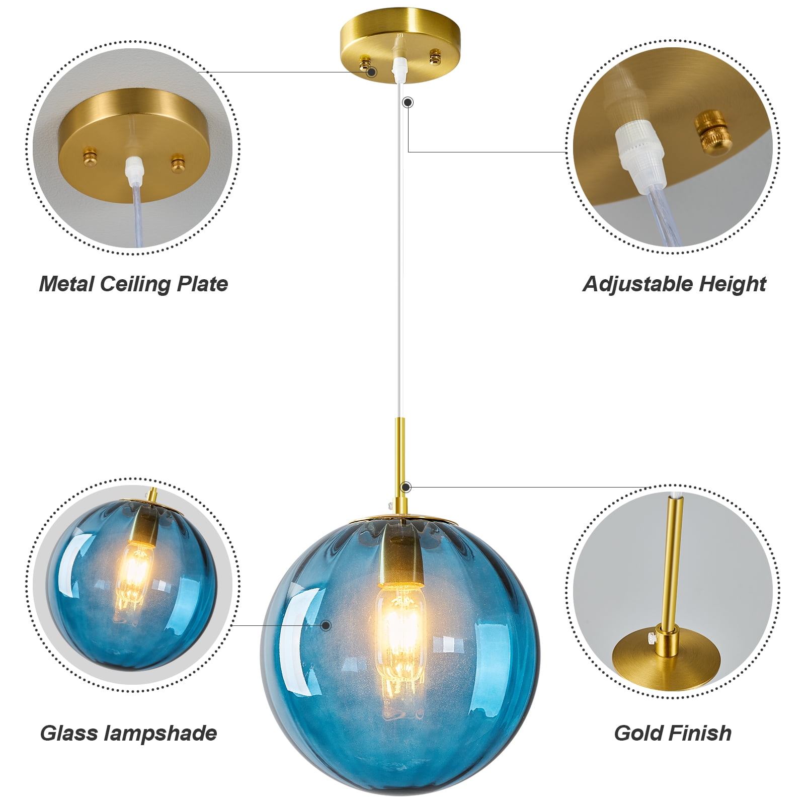 Gold Globe Pendant Lights Blue Glass Pendant Light Fixtures for Bedroom Dining Room Kitchen Island（9.84in，1-Pack）