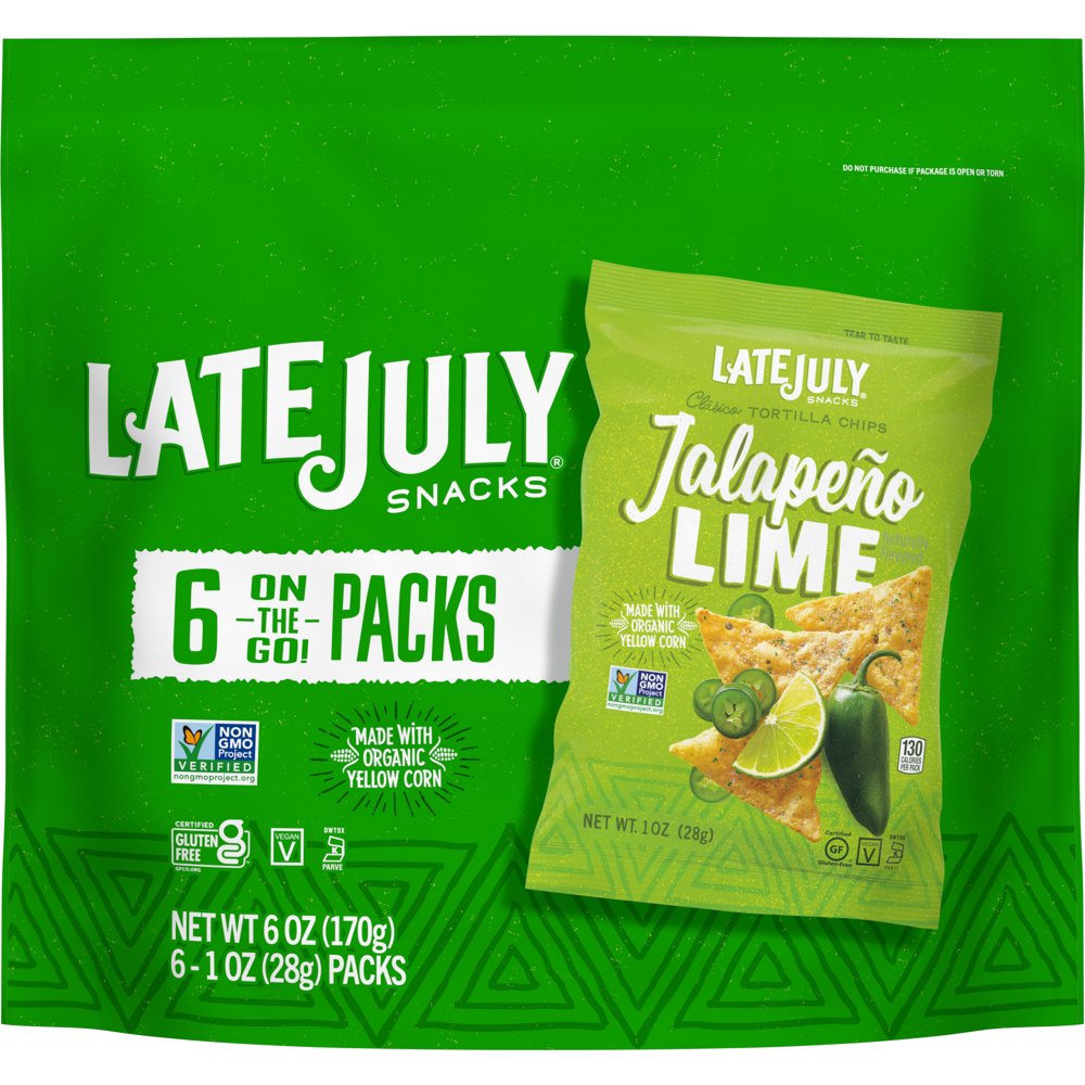 LATE JULY Snacks Clásico Jalapeño Lime Tortilla Chips, 1 oz. Snack Bags, 6 Count Multipack