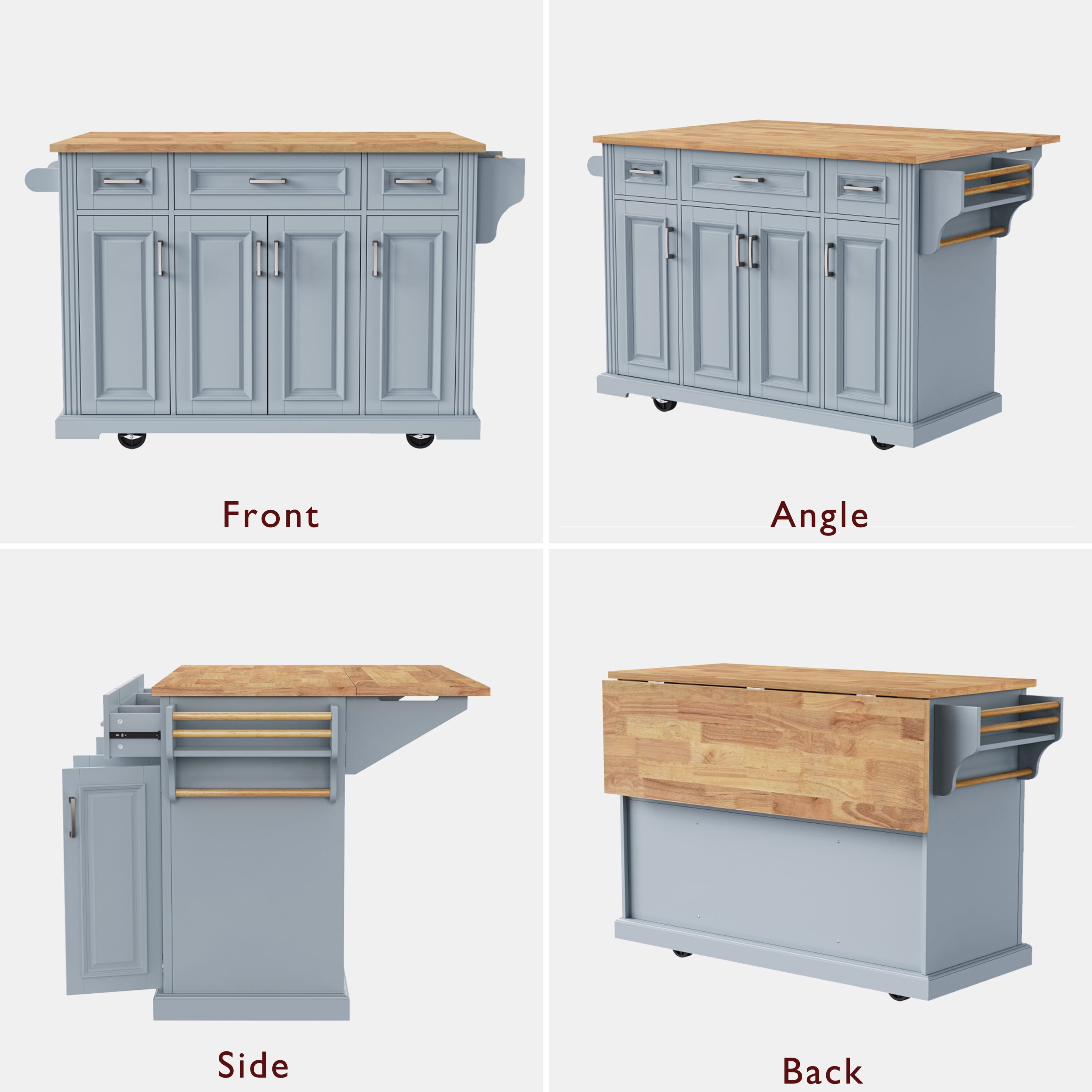 EUROCO 54" Large Kitchen Island with Rubber Wood Drop Leaf,Embossed Texture Rolling Kitchen Cart on Wheels with 4 Doors and 3 Drawers,Kitchen Island with Storage for Kitchen, Dining Room,Grey Blue