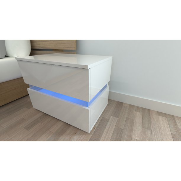 Zimtown High Gloss Led Nightstand Bedside Table Sofa End Table Bedroom Decor 2 Drawers Storage White Walmart Com Walmart Com