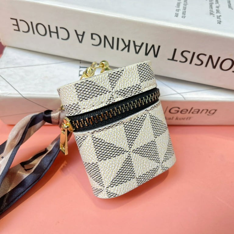 Aimiya Lipstick Bag with Scarf Smooth Zipper Plaid Printing Waterproof  Space-saving Change Purse Keychain Pendant Daily Use 