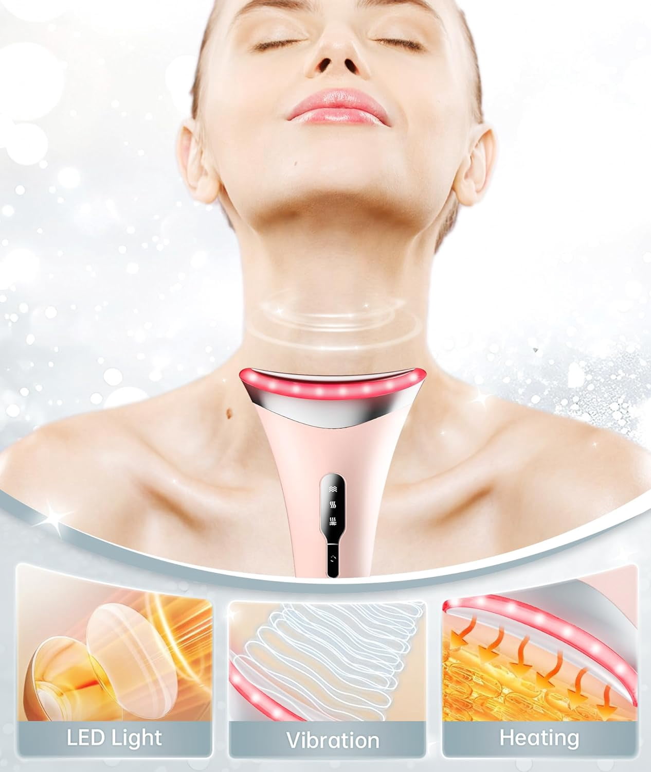 Red Light Therapy Facial Massager, 7 Color Adjustable Vibration and Heat for Wrinkles and Double Chin, Portable Skin Care Tool with Charging Base