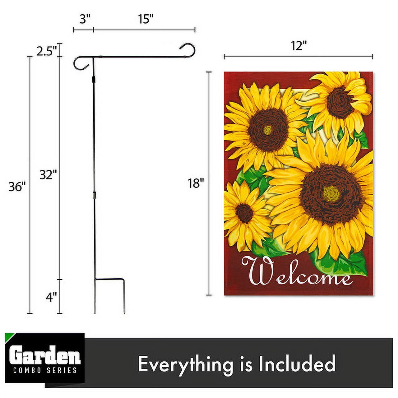 G128 Combo Pack: Garden Flag Stand Black 36x16IN & Garden Flag Welcome Four Sunflowers Red 12x18IN