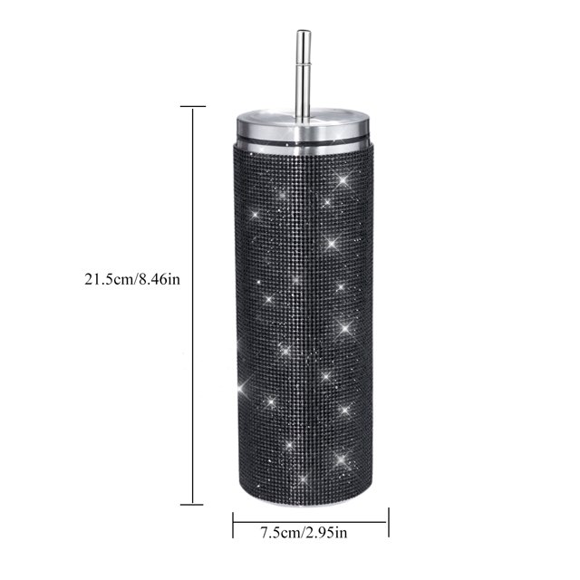 termos de diamante de 600 ml, botellas de aislamiento a prueba de fugas, vasos de paja al vacío (negro) termo cilíndrico negro 600 ml con cobertura de pedrería brillante, tapa de acero inoxidable con pajita incluida; medidas 7.5 x 21.5 cm, aislamiento 6–12 horas, diseño ornamental ideal como regalo y a menudo usado para llevar batidos o agua al gimnasio.