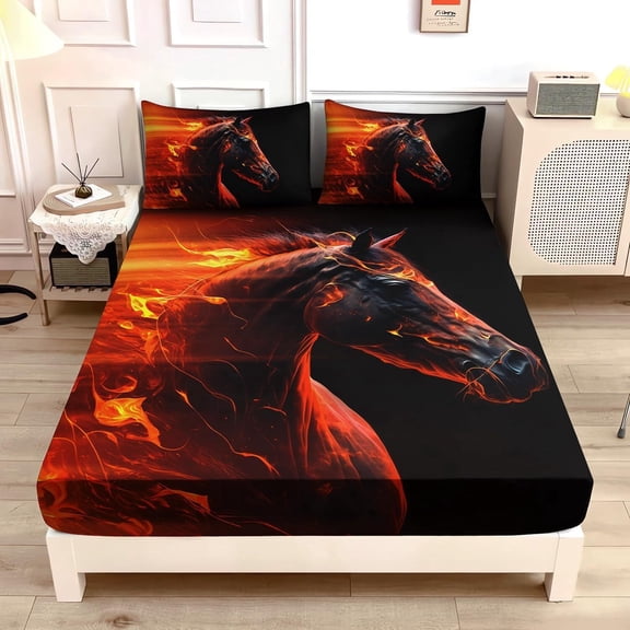 Western Bedding Horse Fitted Sheet Sets,Animal Printed Bed Set Queen Size for Kids Teens Room Decor,Horse Orange Flames Pattern Fitted Sheet for Boys Bedding Set,1 Fitted Sheet+2 Pillowcases.
