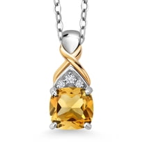 Gem Stone King 0.95 Ct Cushion Yellow Citrine 925 Silver and 10K Yellow Gold Lab Grown Diamond Pendant Necklace with Chain