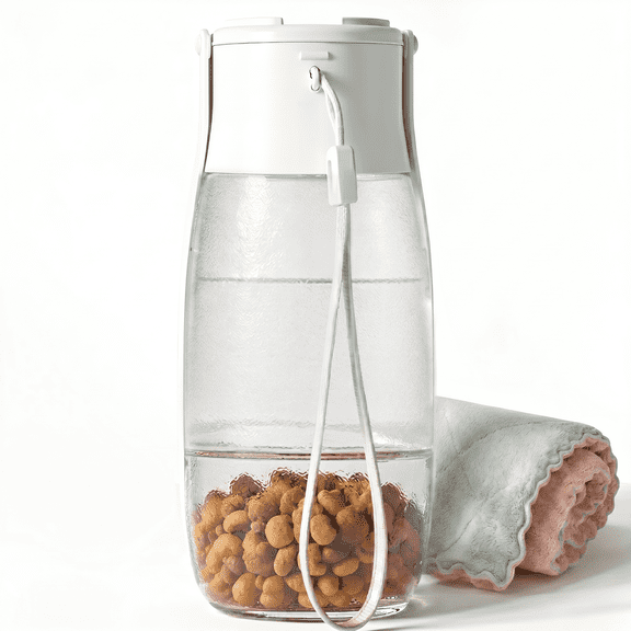 Tolobeve 3-in-1 Portable Dog Water Bottle with 12oz Water and 3.5oz Food Container, White