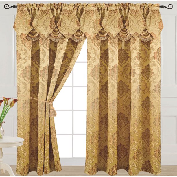 Luxury Jacquard Curtain Panel with Attached Waterfall Valance, 54 by 84