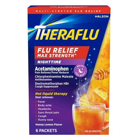 Theraflu Max Strength Nighttime Cough Cold and Flu Relief Medicine Powder, Honey Lemon, 6 Count