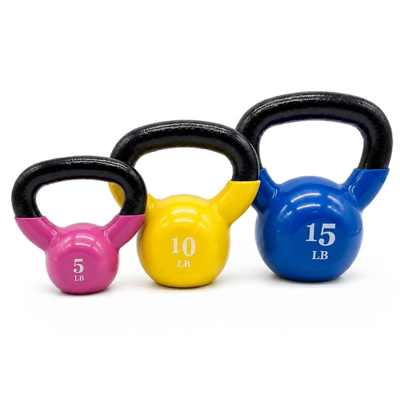 Fitvids Vinyl-Coated Kettlebell Exercise Weights, Set of 5, 10, and 15 lb, Multicolor