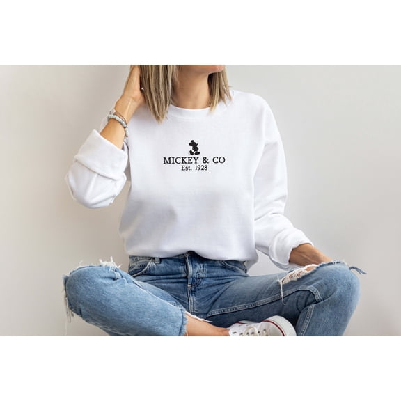 Moonlight Apparel Embroidered Mickey & Co Est. 1928 Sweatshirt for Women Stitched Minimal Logo Design Casual Crewneck Pullover