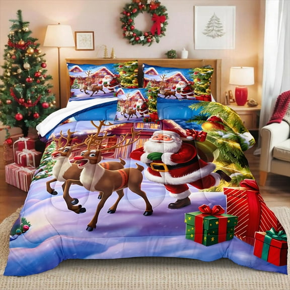 Christmas Bedding Set Queen King Size Christmas Comforter Set Santa Claus Bedding Deer Christmas Tree Printed Xmas Room Decor Soft Microfiber 4 Pcs Quilt Set for Winter