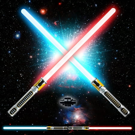 2Pcs Light Up Saber  2-in-1 LED Red & Blue Light Swords Set with Sound and Realistic Sliver Handle for Warriors Dress Up Party Supplies