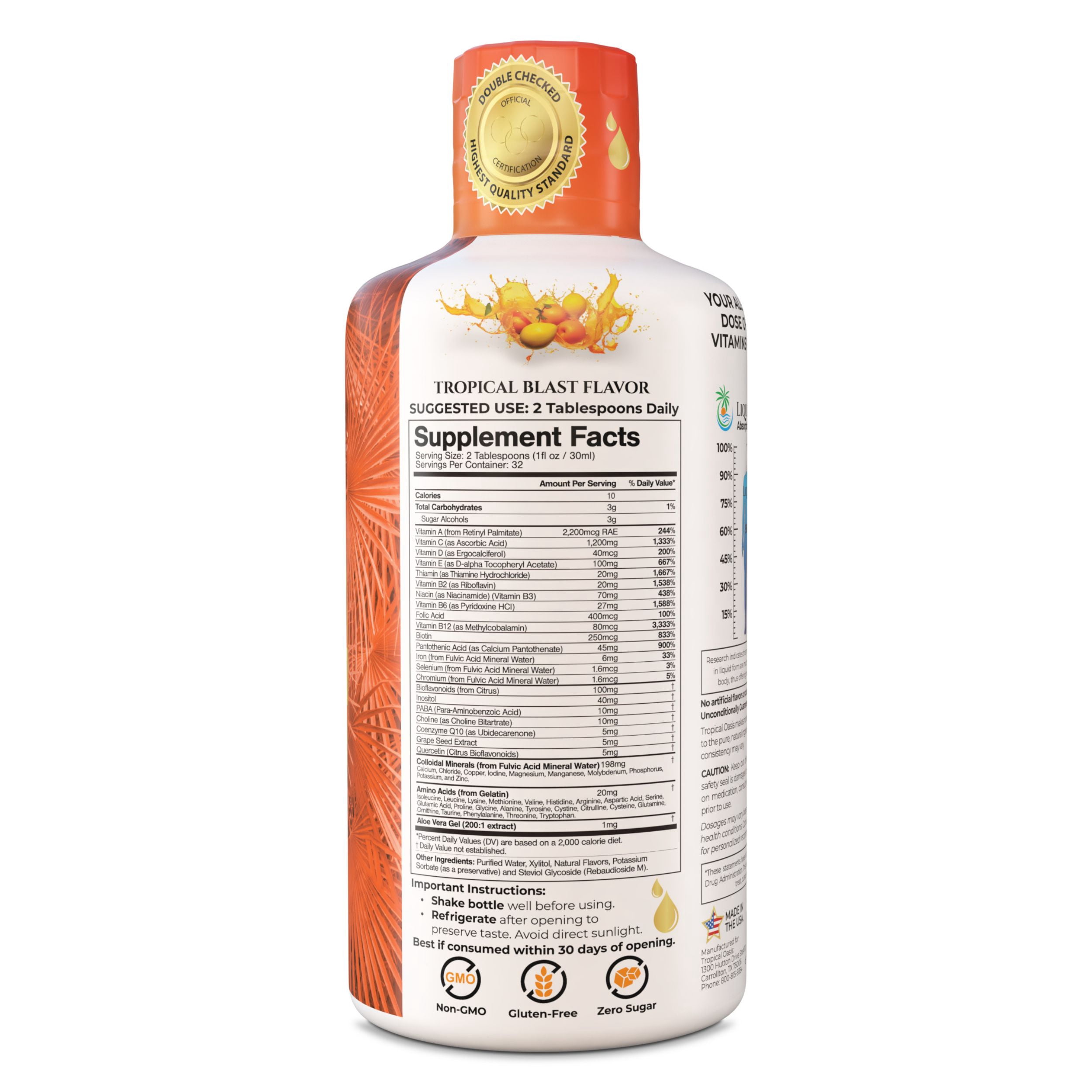 Tropical Oasis Mega Multivitamin, Advanced Liquid Vitamin Supplement with over 80 Vitamins, Minerals and Amino Acids, Tropical Blast Flavor, 32 fl Oz, 32 Servings
