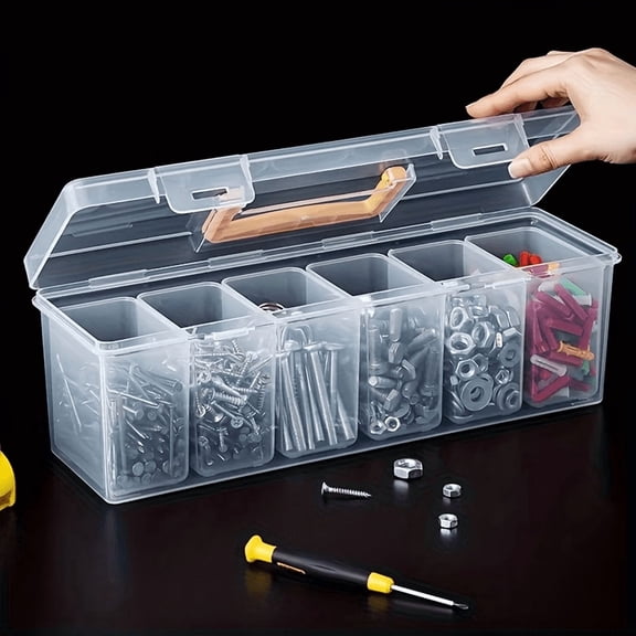 7 Pack Transparent Plastic Parts Storage Box Set (1 Large Main Box 6 Small Inner Boxes), Portable Multi-Cell Hardware Sorting Container for Screws, Wrenches, Small Hardware Accessories & Craft Supp