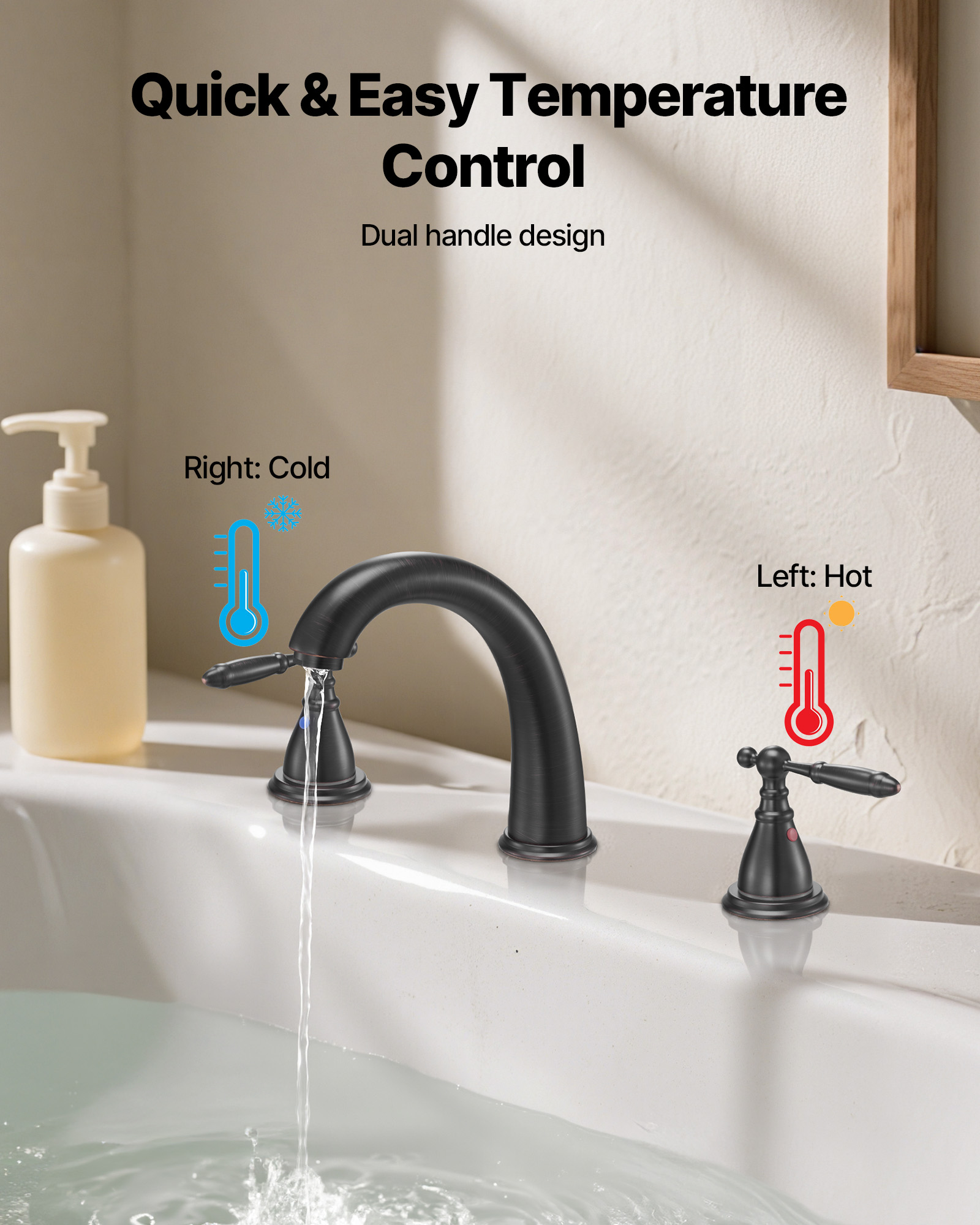VEVOR Roman Tub Faucet, 3 Hole Waterfall Bathtub Faucet, Gooseneck Bath Tubs Faucets Set with 2 Handles, Roman Tub Faucets Deck Mount for Pet Washing, Adult Bathing, Bronze, Temperature Control