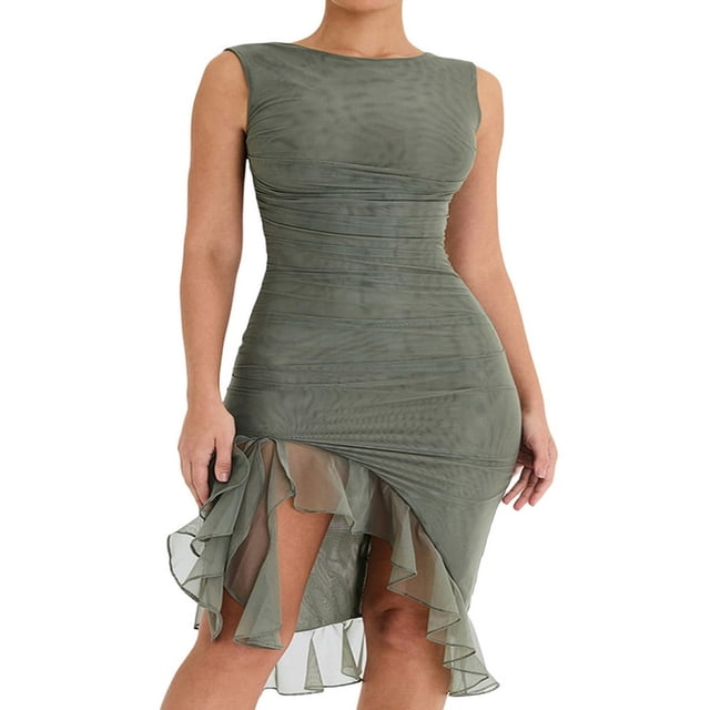 Women Wrap Ruched Split Party Midi Dress Sleeveless V-Neck High Split Solid Bodycon Elegant Party