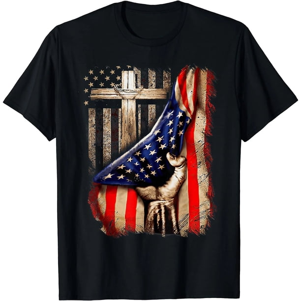 Playera de Mujer con Cruz Cristiana y Bandera Americana - Fe Sobre el Miedo