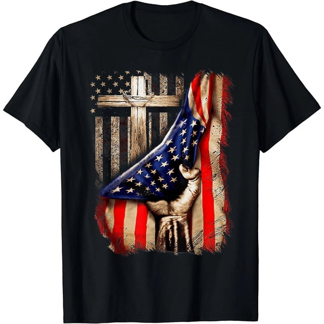 Playera de Mujer con Cruz Cristiana y Bandera Americana - Fe Sobre el Miedo