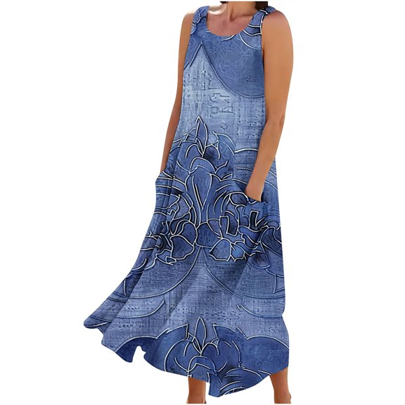 Uaswgudfs Summer Dresses for Women 2025 Sleeveless Flowy Maxi – Round Neck Casual Sundress with Pockets for Summer Blue L