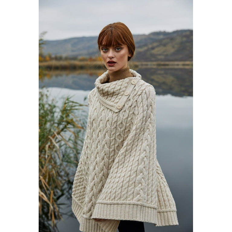 Ladies Cable Knit Poncho with Buttons