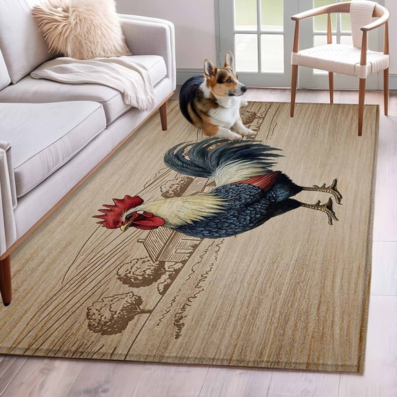 Area Rug for Living Room, Farm Roosters Non-Slip Indoor Large Carpet for Bedroom/Dining Room, Farmhouse Farm Chicken Countryside Retro Washable Low-Profile Rectangle Floor Runner Rugs - 4 x 6 Ft