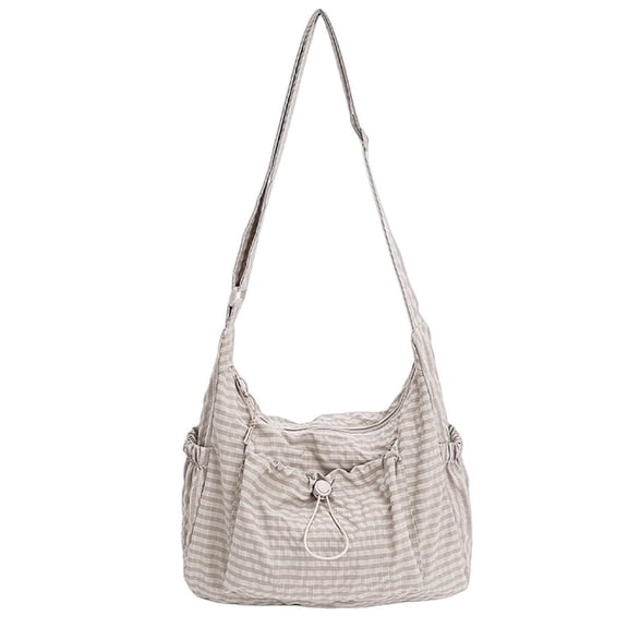 Women's Minimalist Plaid Nylon Drawstring Large Capacity Messenger Purse Japanese-style Crossbody Shoulder Bag For Daily Commute Travel