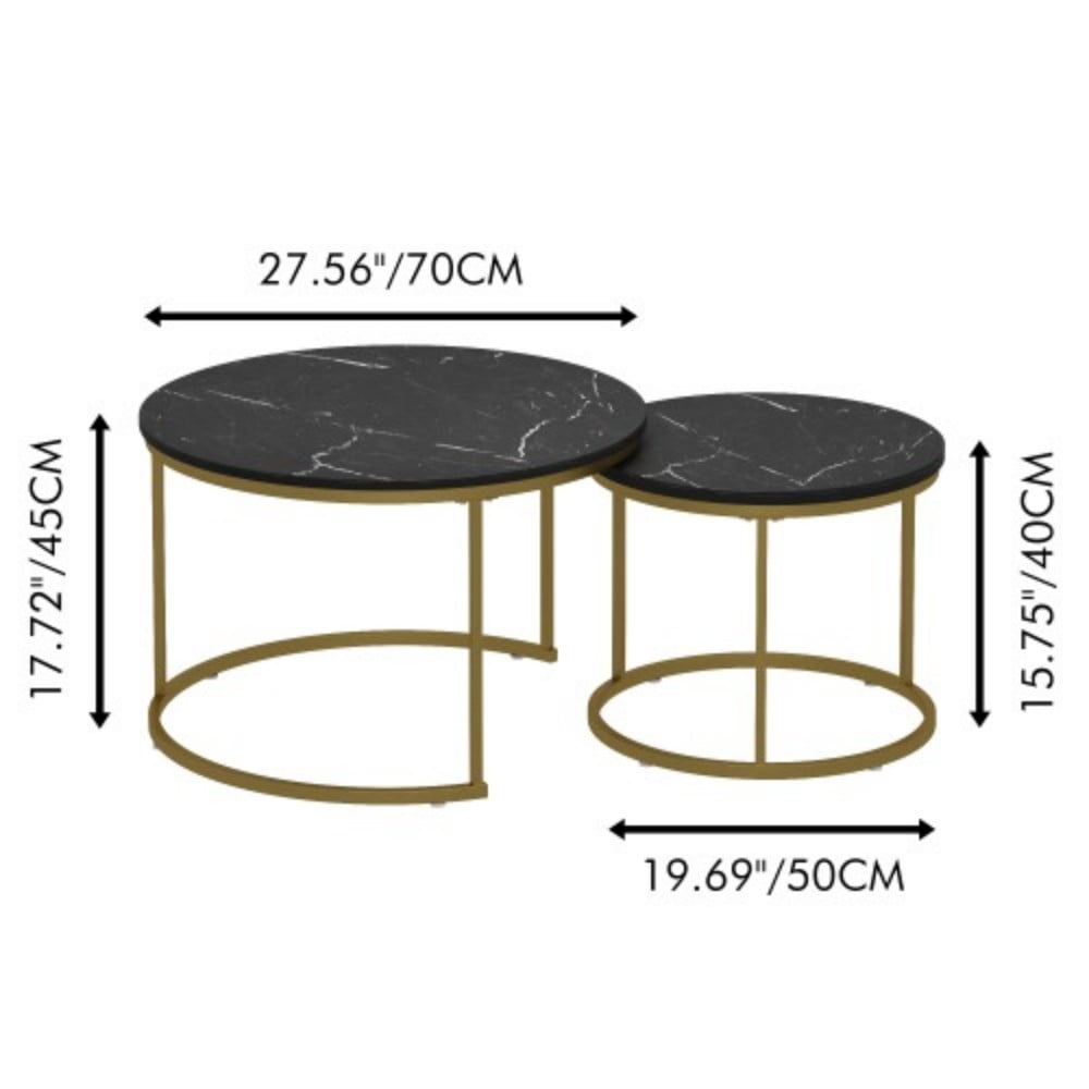 27.6" Nesting Coffee Table Set of 2, Round Wood Marble Pattern Top with Sturdy Metal Frame, Stackable End Tables for Living Room, Bedroom, Office, Black & Gold