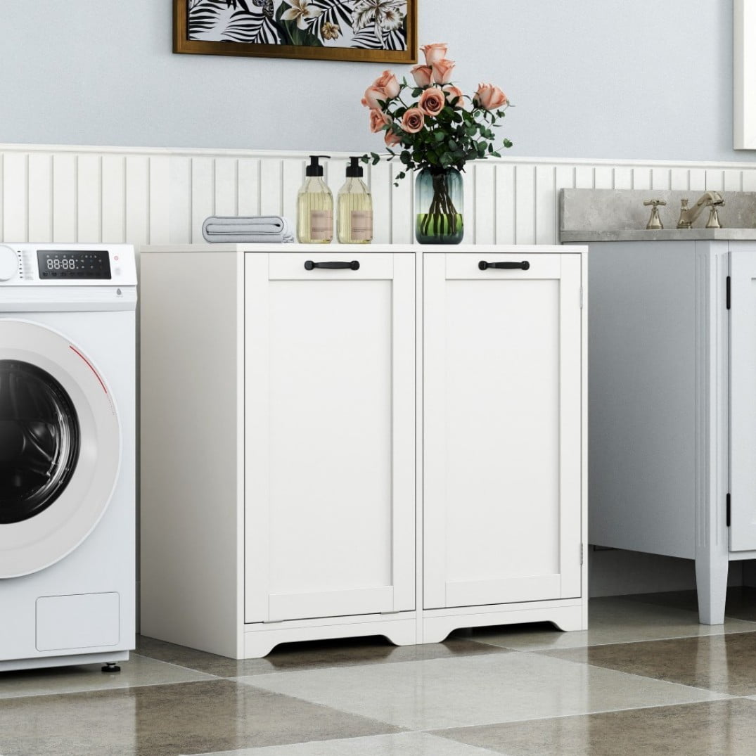 Laundry Cabinet with Tilt-Out Hamper, Freestanding Storage Cabinet with Doors, 3-Tier Shelves and Adjustable Shelf, White Bathroom Organizer, White